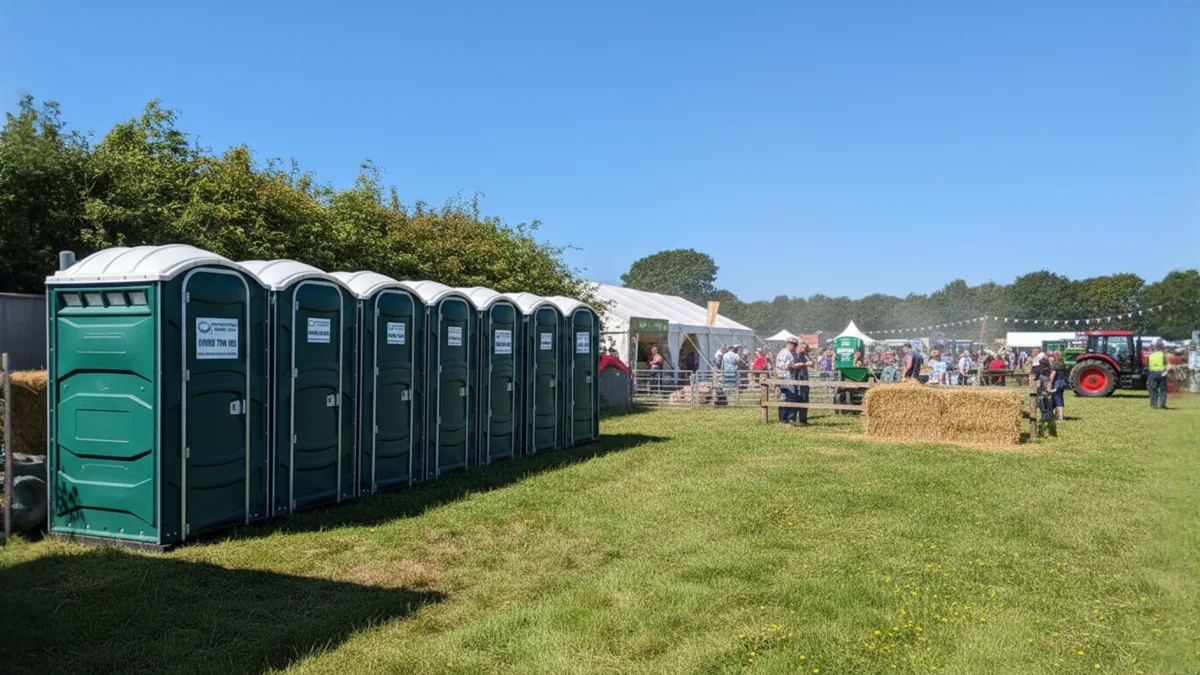 Row of PremierPlus portable toilets lined up at an outdoor sports event