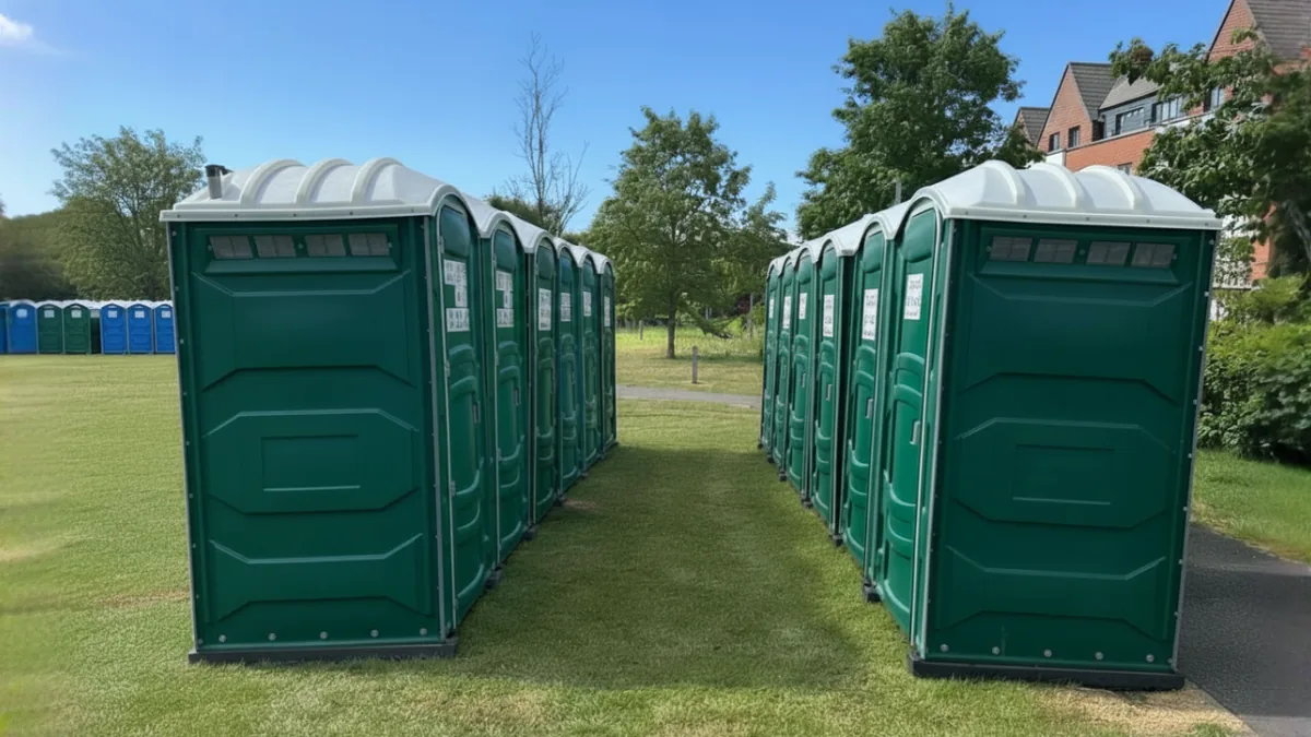 PremierPlus blue and green portable toilet hire fleet set up in two rows on grass