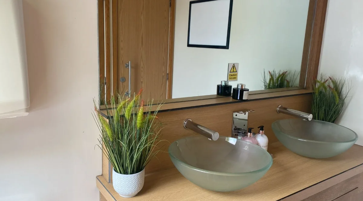 3+3 luxury trailer twin glass vanity basins with Zebrano wood finish and mirror