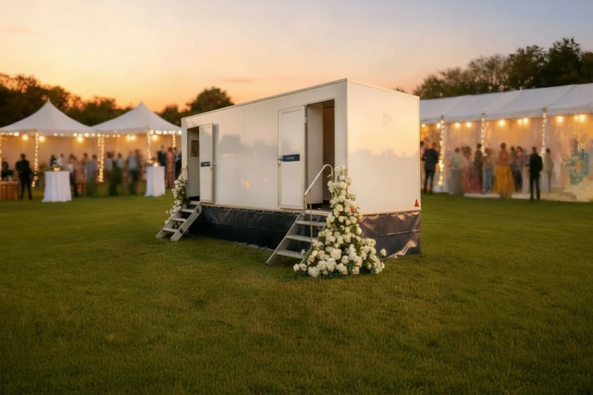 3+3 luxury toilet trailer at a wedding venue with marquee and fairy lights