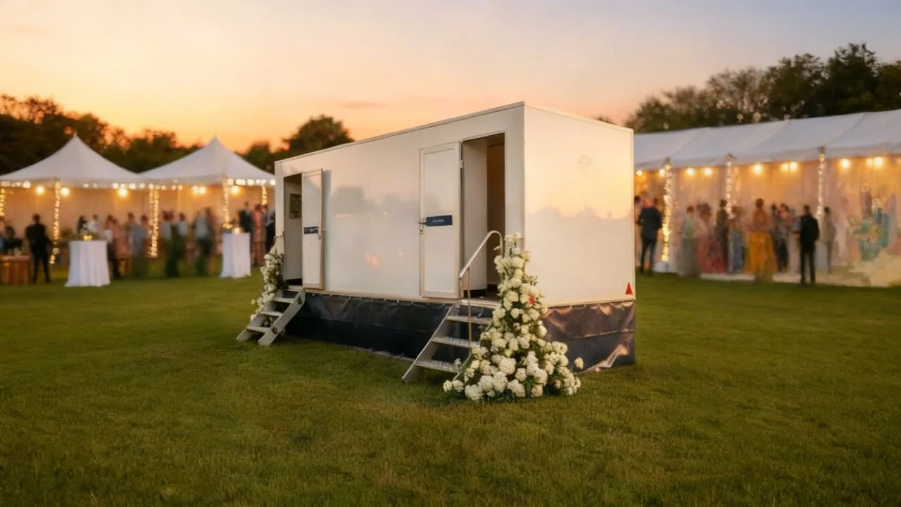 3+3 luxury toilet trailer at a wedding venue with marquee and sunset