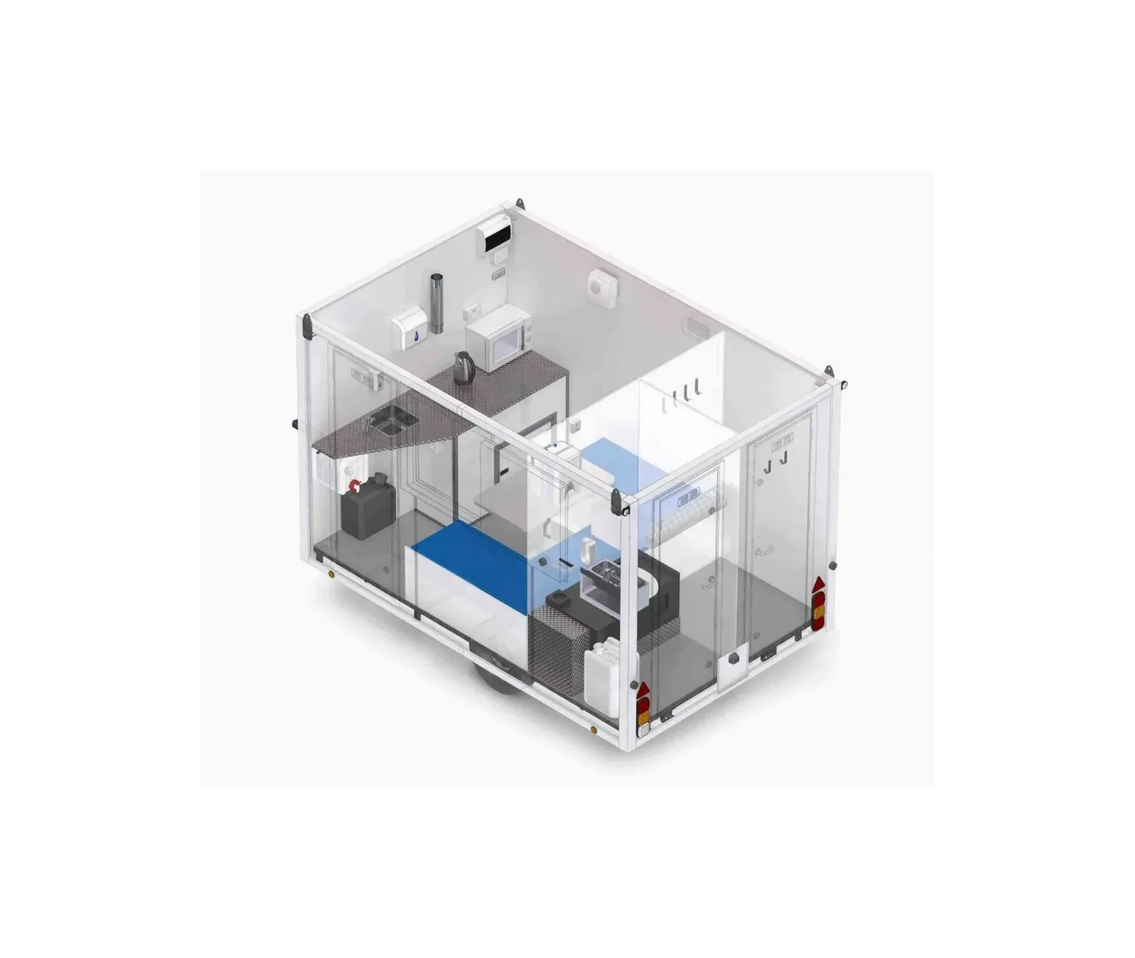 3D cutaway view showing welfare unit interior with toilet, canteen, drying room and hot water
